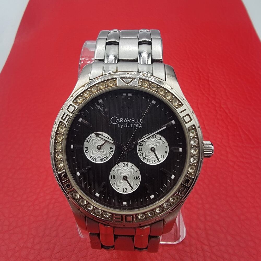 Vintage Caravelle By Bulova Rinestone Bezal. 40mm, WR. Running Watch